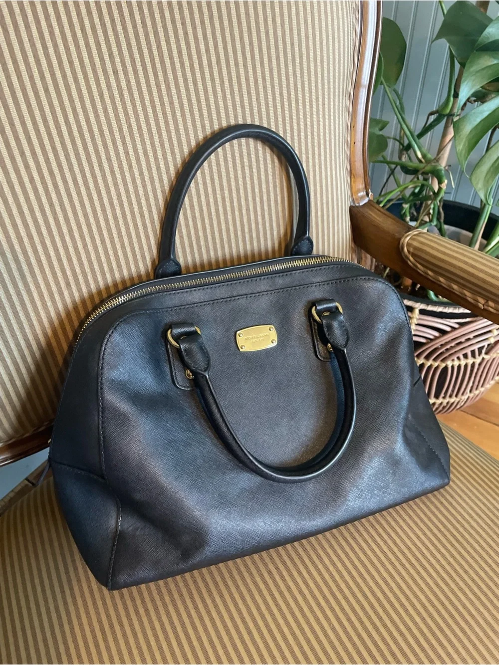Michael Kors Black Leather Satchel Handbag with Gold Plate